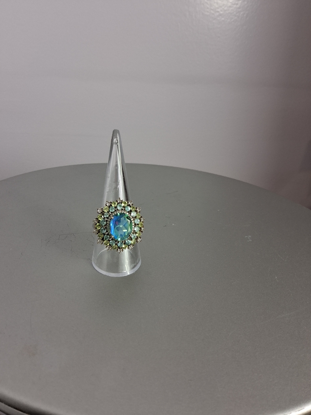 D'joy Peacock Quartz Multi Gem Rhodium Over 925 Silver Cocktail Ring Blue Green